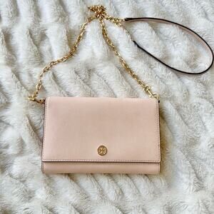 Tory Burch Robinson Leather Chain Wallet Crossbody Bag Shell Pink